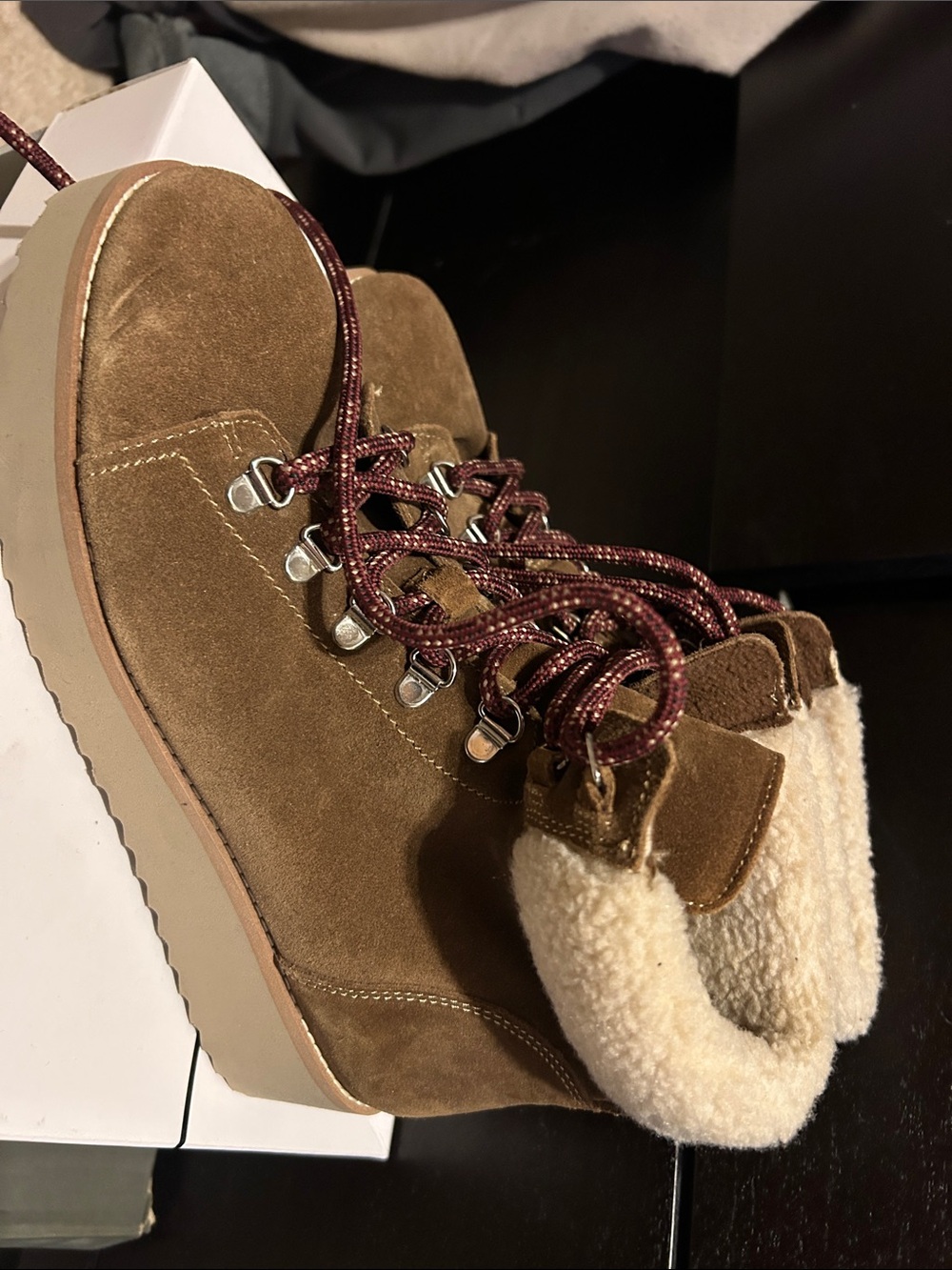 Sam Edelman Brown Suede Shearling Cuff Lace-Up Ankle Boots